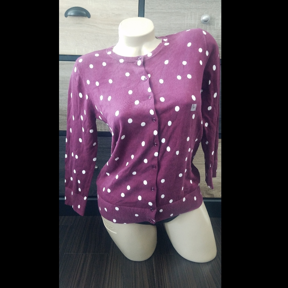 LOFT plum polka dot cardigan sweater knit